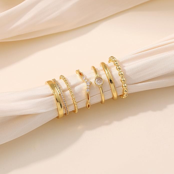 LOFITOR 6PCS Stackable Gold Rings for Women Non Tarnish Trendy Dainty 14K Gold Filled Stacking Cubic Zirconia Thumb Ring Set Pack Statement Chunky Band Rings Promise Engagement Rings Size 6-10