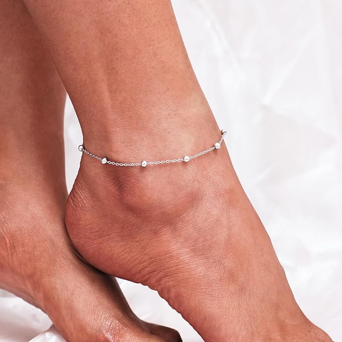 CHIC & ARTSY 925 Sterling Silver Ankle Bracelet Multilayer Anklets for Women Satellite, Star, Cross, Circle, Butterfly, Teardrop, Oval Disk Layered Anklet Beach Jewelry
