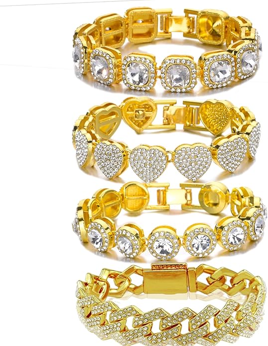 4-PCS Cuban Link Bracelets for Women,Diamond Tennis Bracelet Set,14K Gold Plated Layered Stackable Jewelry, Adjustable Bling Gift Set for Women