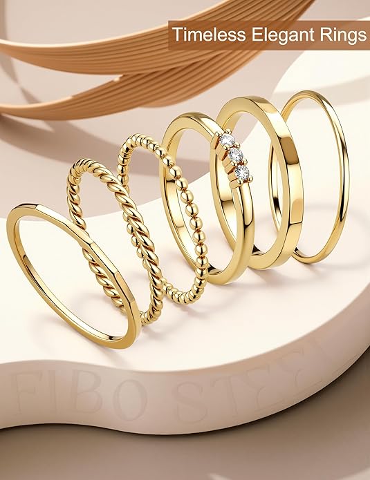 FIBO STEEL 14K Gold Plated Stackable Rings for Women Non Tarnish - Dainty Rings Cubic Zirconia Thin Ring Set Minimalist Thumb Stacking Ring Size 5-11