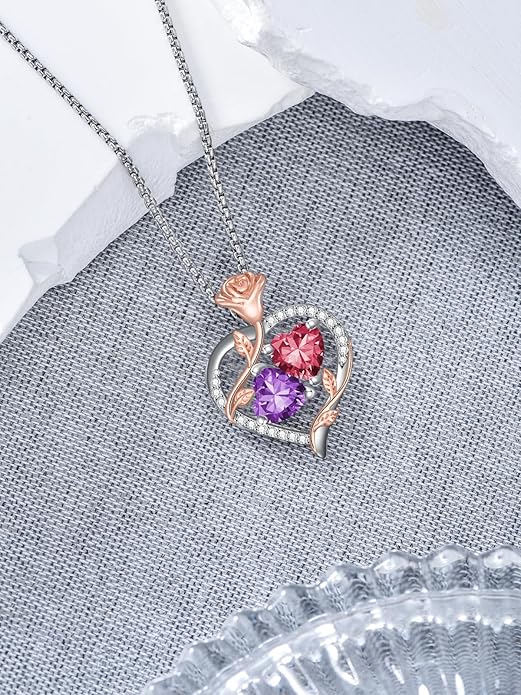 Christmas Gifts for Women Rose Heart Birthstone Pendant Necklace I Love You Forever Jewelry Valentine Mothers Day Birthday Gifts for Women Her Wife Girlfriend
