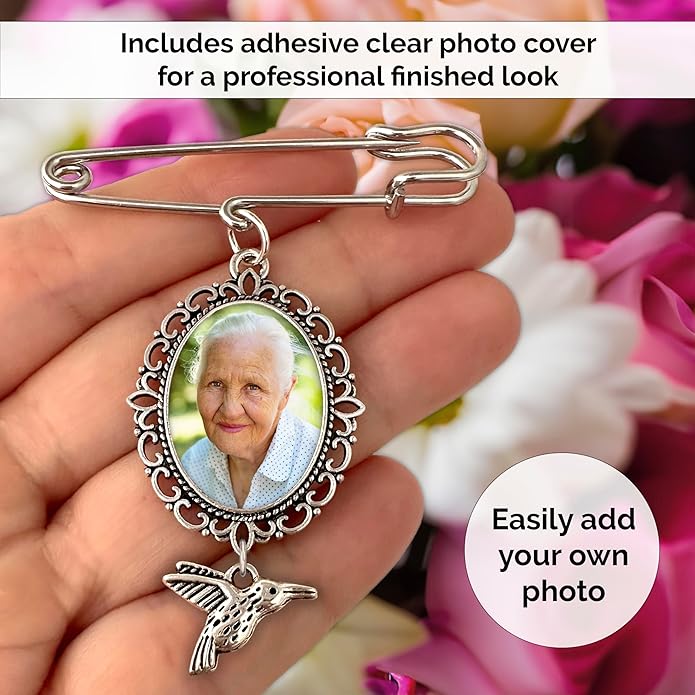 Wedding Boutonniere Oval Bouquet Charm Pin Hummingbird Photo Charm Mother of the Bride Groom with Photo Resizing Software