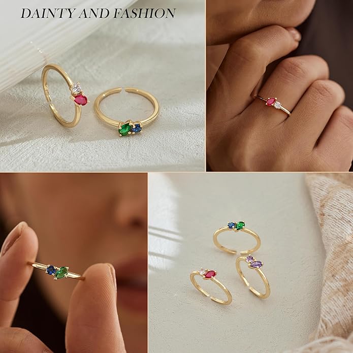 JSJOY Birthstone Rings for Women Dainty Emerald Blue Ring Birthday Gifts for Mom Her Gemstones CZ Ring for Teens Gold Rings That Don't Tarnish Adjustable Ring Jewelry Gifts