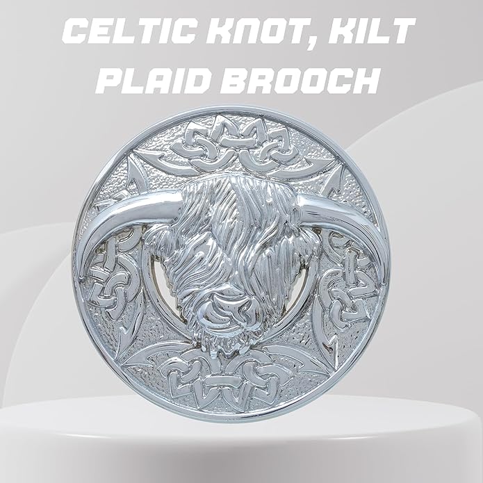 Highland Cow Kilt Brooch with Celtic Knot - Traditional Scottish Helian Coo Plaid Brooches for Men – Handcrafted Tartan Sash Pin, Luxurious Accessory for Women’s Dress