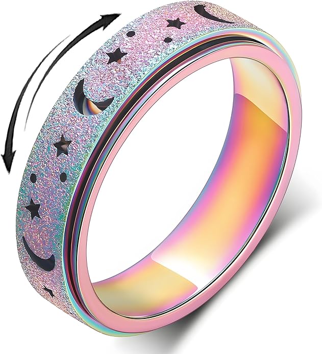 AmorArtSky Anxiety Ring for Women Men, Titanium Stainless Steel Spinner Ring, 5 Colors, 6MM, Size 6-10, 3 Styles Anxiety Ring-Moon Star, Sandblasted Finished, Hollow Outer