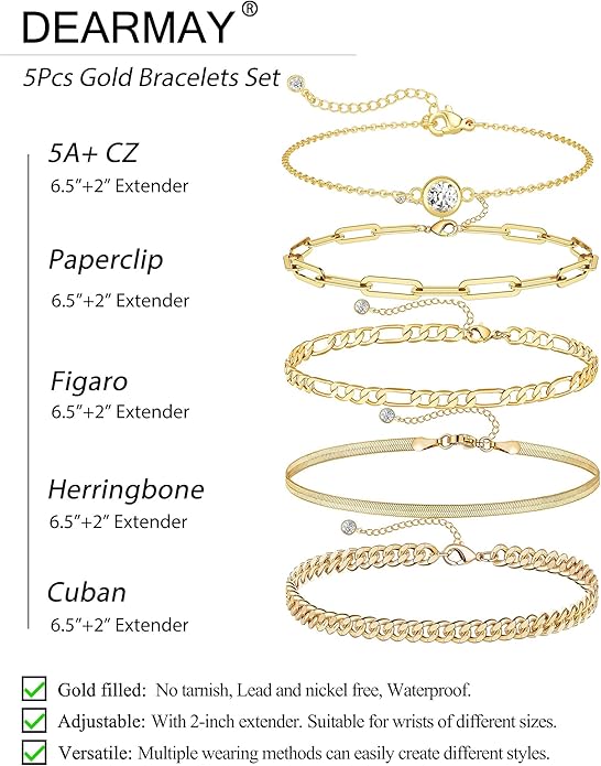 DEARMAY Waterproof Gold Plated Bracelets Set for Women Trendy, Dainty 14K Gold Jewelry Fashion Stackable Tennis Beaded Figaro Herringbone Paperclip Link Bracelet Pack Stack Gifts for Women