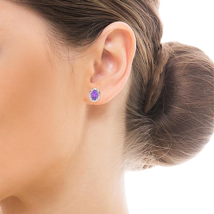 10K White Gold Oval Gemstone and Natural Round Diamonds Stud Earrings for Women - Hypoallergenic Trendy Ladies Earrings for Women - Jewelry Gifts for Wife