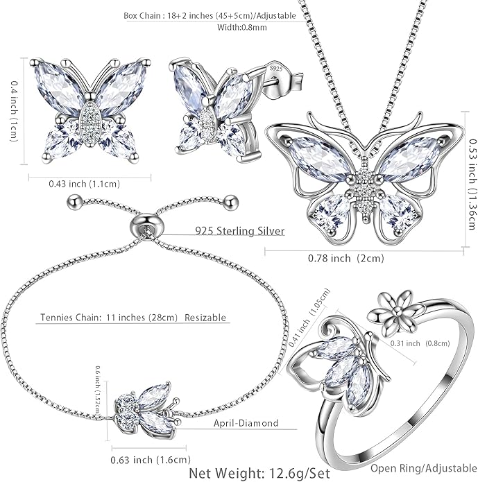 Aurora Tears Butterfly Jewelry,Women 925 Sterling Silver Butterflies Birthstone Pendant Necklace/Earrings/Rings Wedding Gift