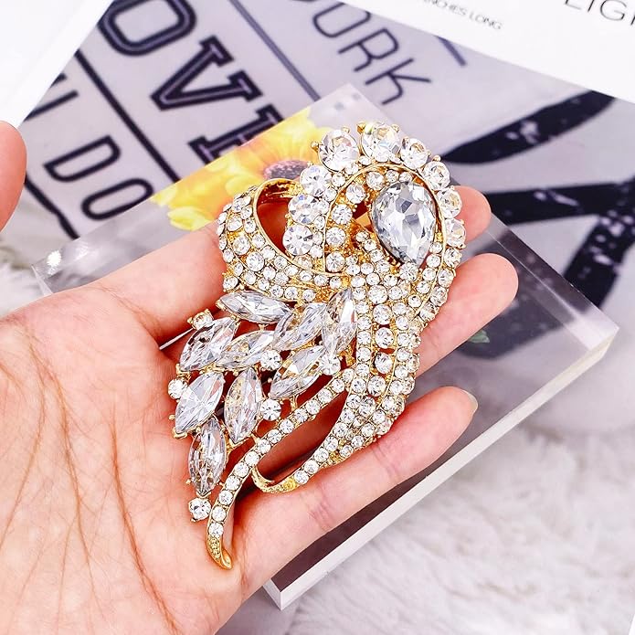 LAXPICOL Vintage Clear Austrian Crystal Elegant Flower Bouquet Wing Brooch for Women