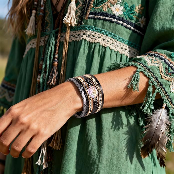 ENGCKSHI Wrapped Bracelets for Women,Leather Bracelet,Boho Bracelets for Women,Multi-Layer Pearl Crystal Bracelet Bangle Jewelry