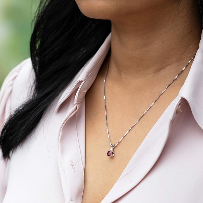 PEORA 14K White Gold Garnet and Diamond Pendant, Genuine Gemstone Elegant Solitaire, Round Shape, 6.50mm, 1.40 Carats total, Valentine's Gift for Her, Wife, Sister, Women Gift Ideas w/Jewelry Box
