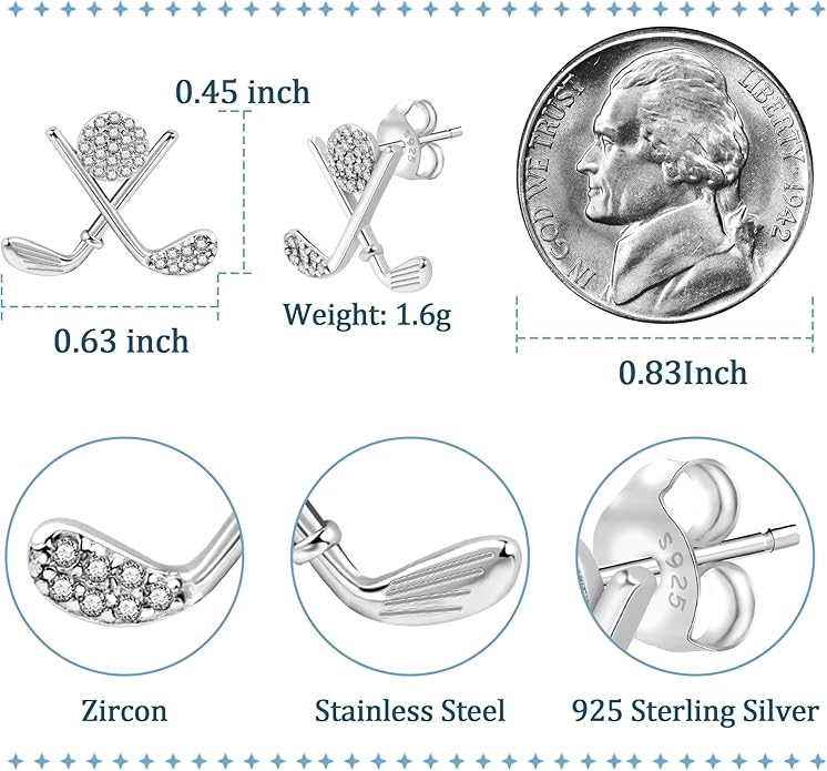 SmileBelle Golf Earrings for Women, Sterling Silver Golf Stud Matching Masters Golf Outfit, Hypoallergenic Golfer Gifts for Golfers as Daughter Sports Jewelry Accessories