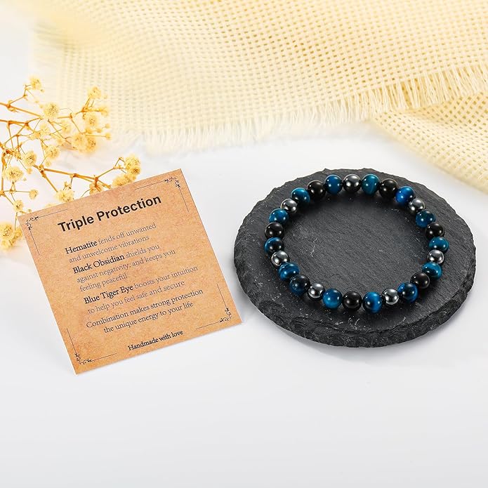 Triple Protection Bracelet for Men, Mens Black Obsidian Hematite Tiger Eye Beaded Natural Stone Evil Eye Bracelet Jewelry Gifts for Birthday Christmas