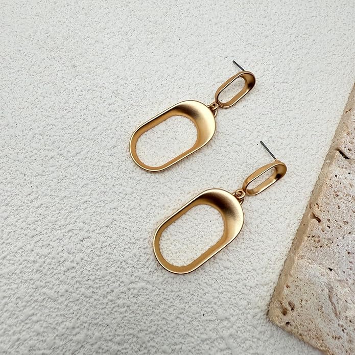 Stud Earrings for Women 14k Gold Plated Geometric Dangle Earrings Lightweight Minimalist Handmade Hammered Texture Oval Disc Drop Double-layer Big Hoop Dangle Earrings for Women
