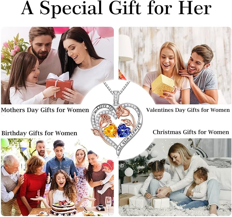 Iefil Birthstone Necklace for Women - 925 Sterling Silver Rose Heart Birthstone Necklace Birthday Anniversary Jewelry Gifts for Her Wife Mom Daughter