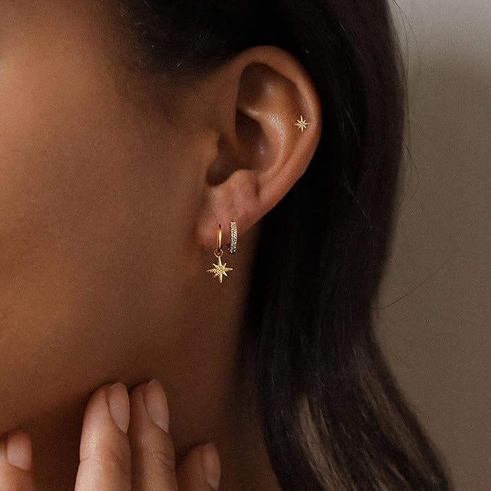Gold Plated Earrings for Women, 14k Gold Plated Earring Stack Hypoallergenic Pearl Drop Earring Dainty Earrings for Women Trendy Cute Small Huggie Hoop Earring Fashion Womens Jewelry