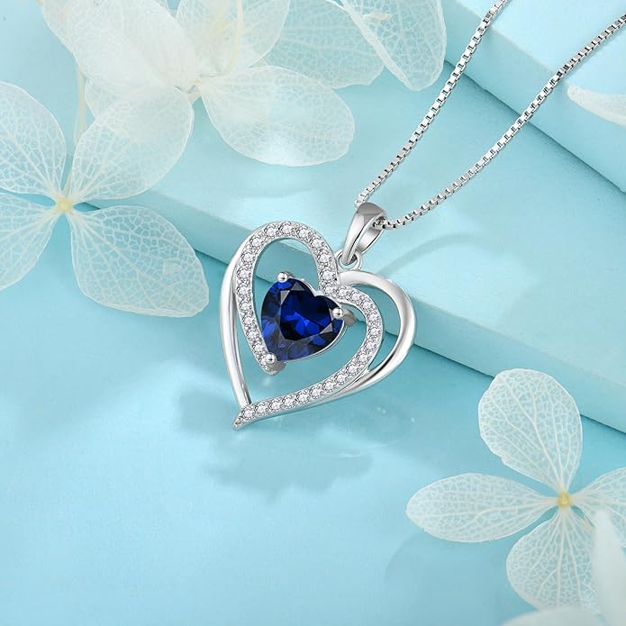 FJ Love Heart Necklace for Women 925 Sterling Silver Birthstone Pendant Anniversary Birthday Jewelry
