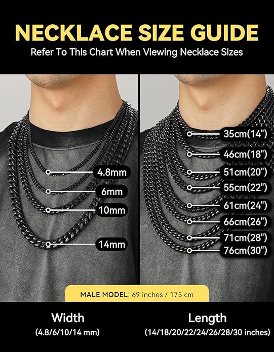 ChainsHouse Miami Cuban Link Chain Necklace for Men, 4.8mm/6mm/10mm/14mm Width, 14K Gold Plated/Stainless Steel/Black Mens Chunky Hip Hop Necklace Curb Chains, 14"-30" Length, Come Gift Box