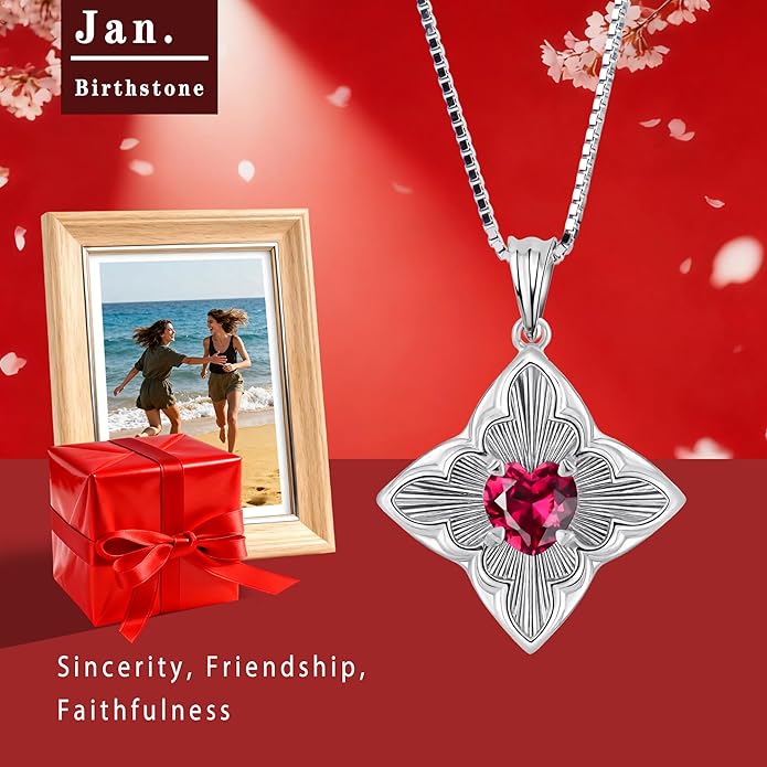 Delicate Four-Leaf Clover Charm Necklace with January Birthstone - S925 Silver, Gift Idea