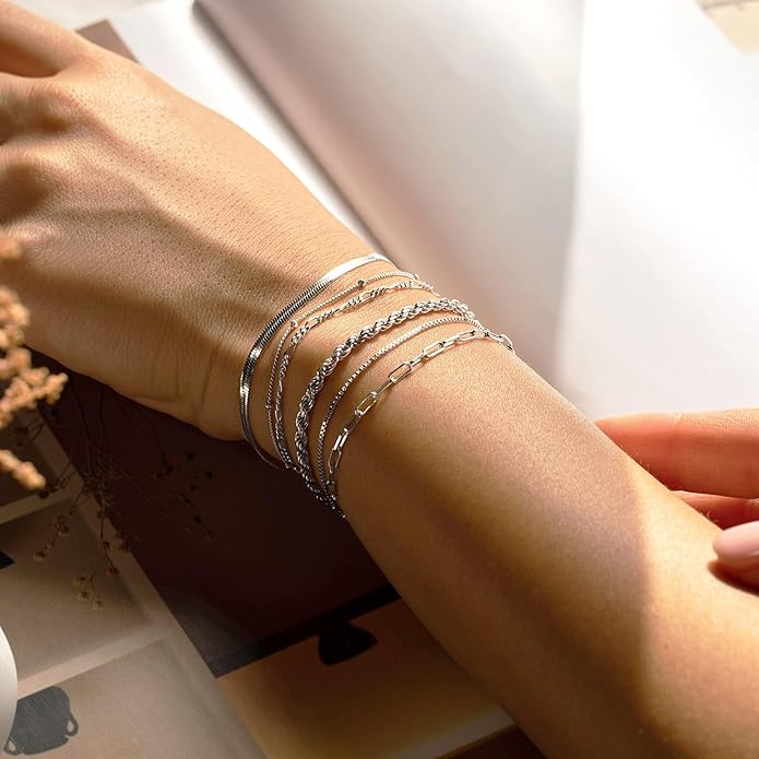 DEARMAY 14K Gold Plated Bracelets for Women Waterproof, Jewelry Sets Trendy Thin Dainty Stackable Cuban Link Paperclip Chain Bracelet Pack Fashion Accessories Gifts for Womens