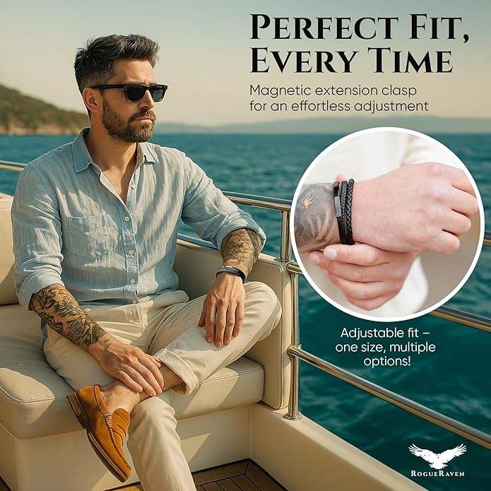 RogueRaven Black Leather Bracelet for Men – Premium Collection – Brown Black Gold Silver | Genuine Leather Mens Bracelet with Stainless Steel Clasp [Adjustable] | In Luxury Gift Box