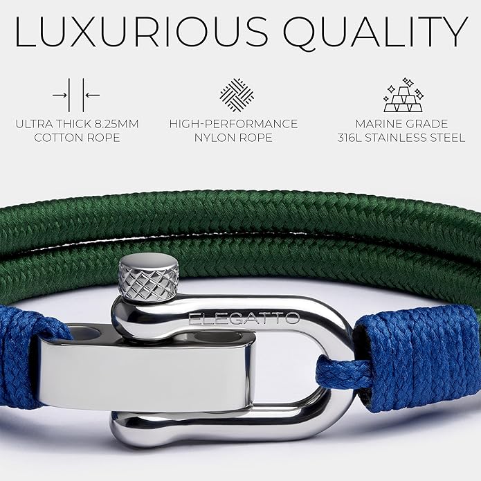 Elegatto Duetto Platinum Rope Bracelet for Men | Double Nautical Nylon Cord with Silver Polished Stainless Steel Shackle Clasp | Waterproof and Fade-Resistant