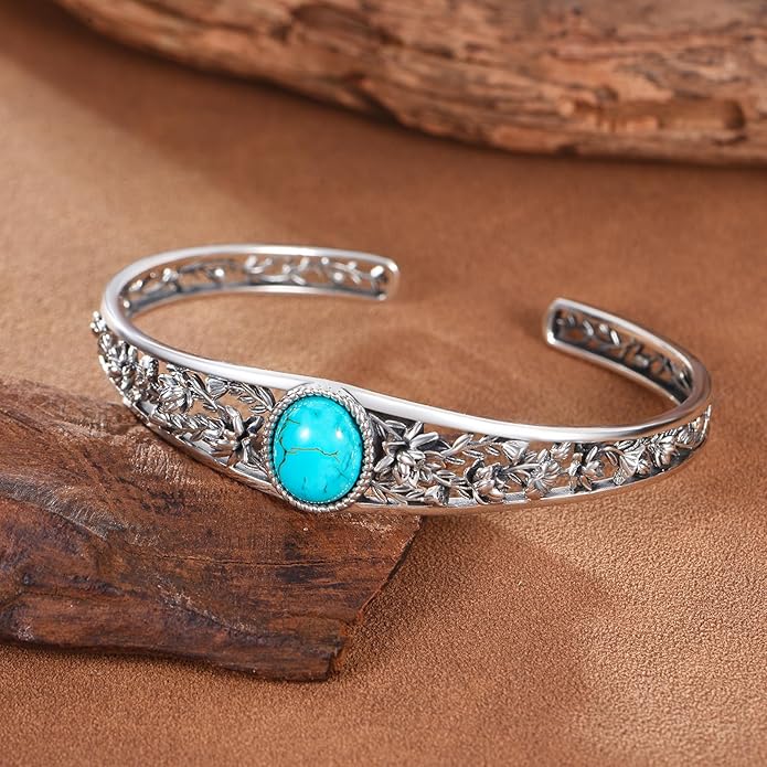 Christmas Jewelry Gift for Women-Genuine Turquoise Cuff Bracelet, Sterling Silver Western Vintage Floral Bangle Native American Jewelry, For 6.5-7.5 Inch Wrists