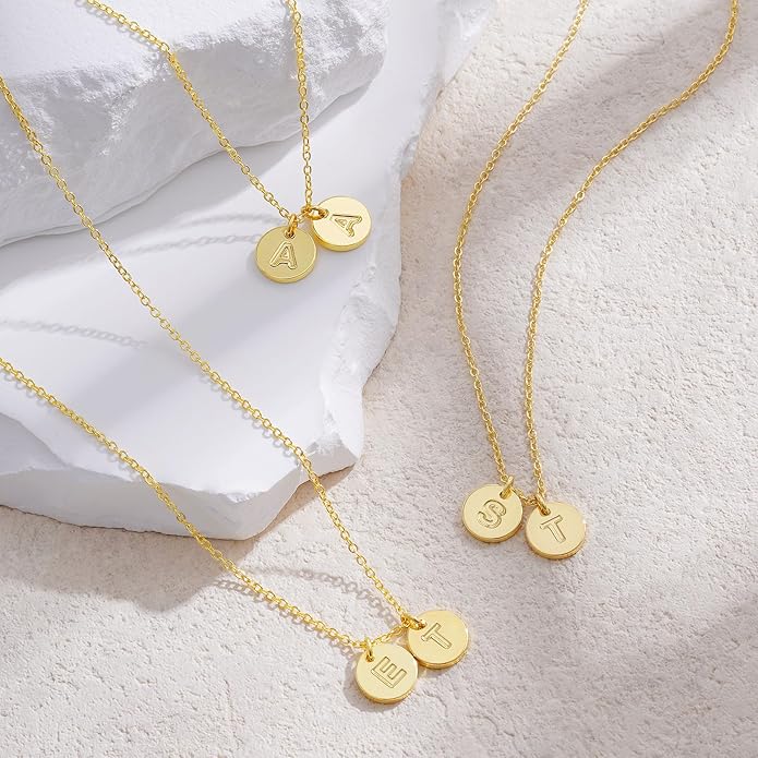 Turandoss Gold Initial Necklaces for Women - Dainty 14K 14K-Gold-Plated Layered Two Letter A-Z Stack Disc Initial Necklace Trendy, Birthday Personalized Gifts for Women Teen Girls Jewelry
