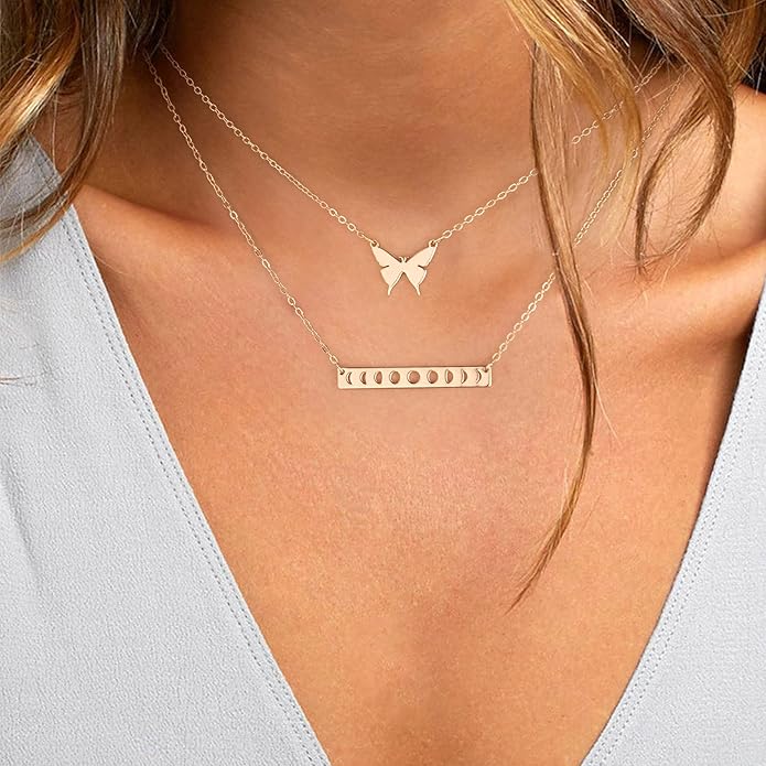 Turandoss Gold Layered Necklaces for Women - 14K Gold Plated Handmade Multilayer Bar Pearls Coin Disc Moon Butterfly Medallion Adjustable Dainty Layered Choker Necklaces for Women Jewelry