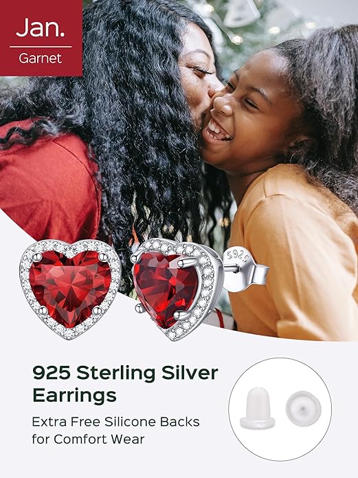 ChicSilver 925 Sterling Silver Birthstone Earrings for Women, 8MM/2 Carat Heart & Round Cubic Zirconia Stud Earrings, Hypoallergenic Jewelry, Ideal Birthday or Christmas Gifts