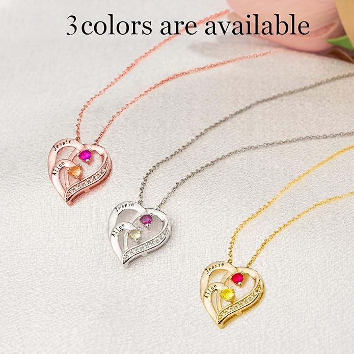 Easycosy Custom Name Necklace with Simulated Birthstones Customized Promise Necklace Heart Pendant with Engraved 2-6 Names - Anniversary Birthday Christmas Jewelry Gifts for Women Wife Mom Grandma