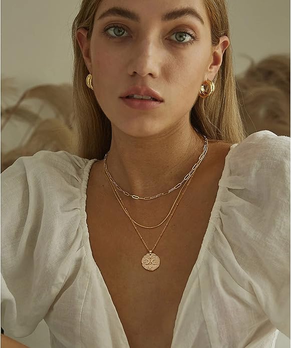 CANEVINKA 18K Gold Plate Coin Pendant Necklace for Women Dainty Compass Sunflower Necklaces Personalized Chain Layered Jewelry