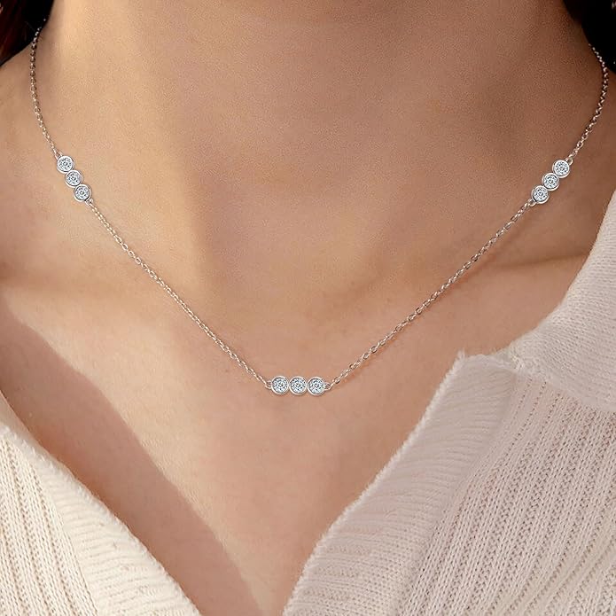 3-Stones Choker Necklace for Women, 0.9cttw D Color Moissanite Pendant 925 Sterling Silver Adjustable Chain, Elegant Jewelry Gifts for Wife or Mom