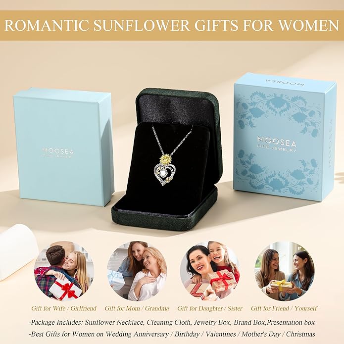 MOOSEA Sunflower Gifts for Her- 925 Sterling Silver Moissanite Sunflower Necklace Anniversary Birthday Gifts for Women Wife Girlfriend You Are My Sunshine Gifts Sunflower Jewelry