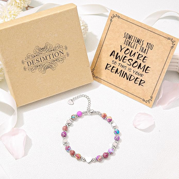 Desimtion Healing Natural Stone Bracelets for Women Girls, Sometimes You Forget You're Awesome -Christmas Gifts for Women Teen Girls, Best Friend Birthday Gifts for Women Friendship Bracelets