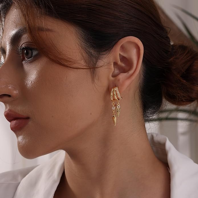 Dangle Earrings for Women,14k Gold Plated Triple Huggie Stud Earrings Dainty Drop Earrings for Women Trendy Gold Statement CZ Long Chain Earrings Non Tarnish Jewelry