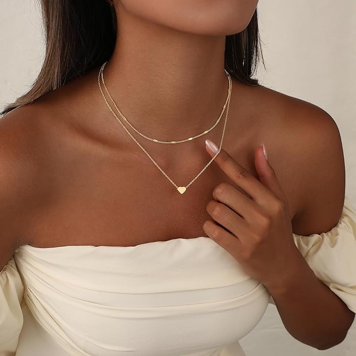 Layered Gold Necklace for Women Trendy 14K Gold Plated Heart CZ Pendant Layered Gold Necklaces Set Coin Choker Necklaces Simple Circle Cubic Zirconia Pearl Necklace Stack Herringbone Paperclip Chain Jewelry Set