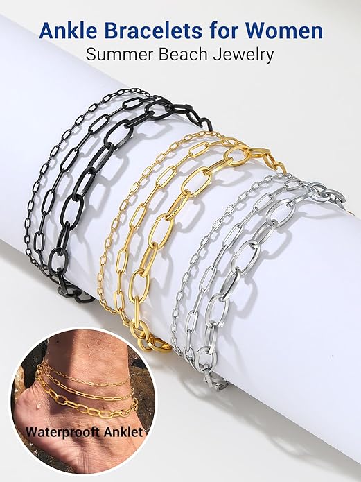 PROSTEEL Stainless Steel Chain Anklets for Women, Silver/Gold Tone, Ankle Bracelets Hypoallergenic, 8-10.5 Inch Adjustable, Come with Box