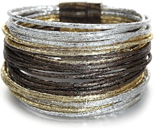 Fesciory Leopard Bracelet for Women, Boho Leather Wrap Multi-Layer Pearl Crystal Bracelet Bangle Jewelry