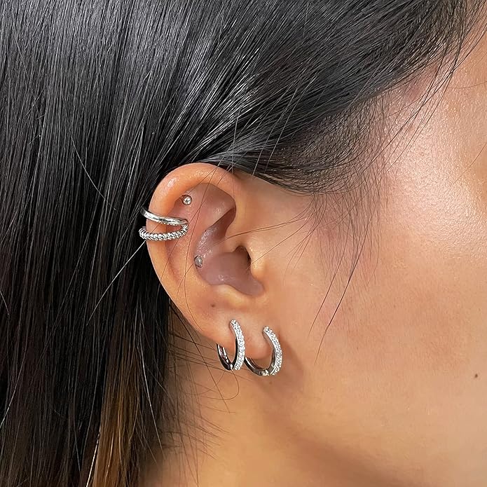 Stud Earrings for Women Hypoallergenic Sterling Silver Post Hoop and Studs Earrings Set for Multiple Piercing Small Ball Cubic Zirconia Earring Studs for Women Trendy Jewelry Gifts（6 Pairs）