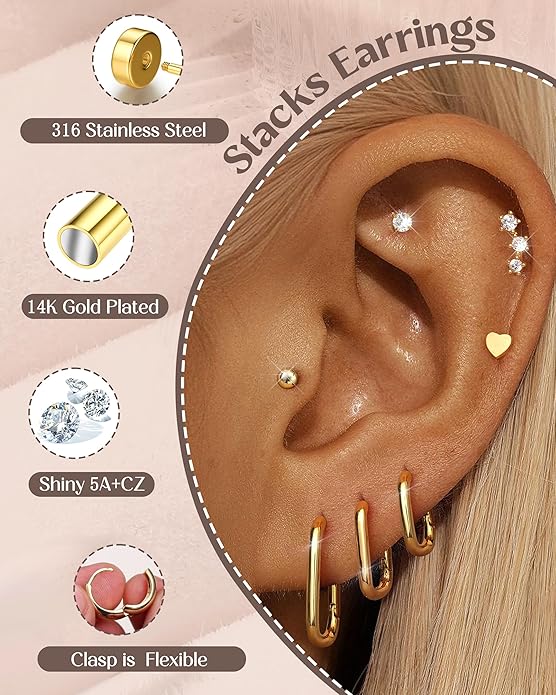 Hypoallergenic 14K Gold Plated Hoop Stud Earrings for Women Surgical Stainless Steel Flat Back Earrings Lightweight Small Chunky Huggie Hoops Cartilage Earring Stacks for Multiple Piercing Women Gifts