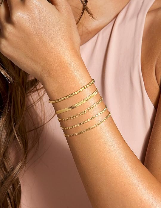 DEARMAY 14K Gold Plated Bracelets for Women Waterproof, Jewelry Sets Trendy Thin Dainty Stackable Cuban Link Paperclip Chain Bracelet Pack Fashion Accessories Gifts for Womens