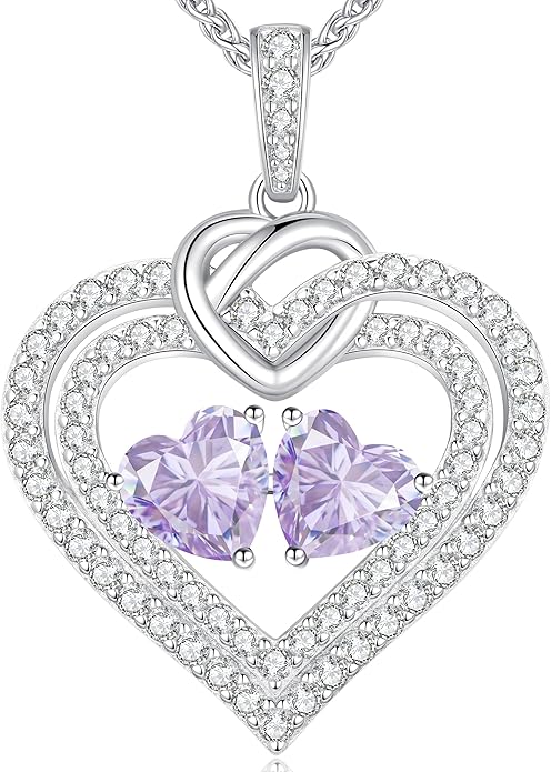 LOUISA SECRET Sparkling Double Heart Birthstone Necklaces for Women, 925 Sterling Silver Fine Jewelry, Pendant Heart Necklaces Birthday Anniversary Christmas Gift for Women Wife Mom Girlfriend Lady