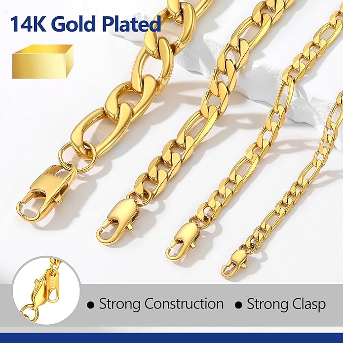 PROSTEEL 316L Stainless Steel Figaro Cuban Chain Necklace for Men, Black/18K Real Gold Plated, 4/5/6/7.5/9/10/13mm, 14inch-30inch, Come with Box