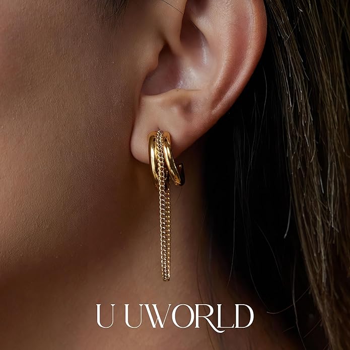 18K Gold Plated Hoop Earrings Gold and Silver Trendy Two Tone Dangling Chain Earrings,Waterproof Stainless Steel Hypoallergenic Earring,Statement Earrings for Daily Wear,Party,Birthday Jewelry Gifts