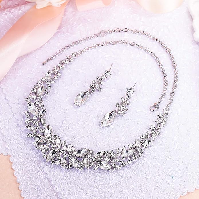 BriLove Women's Wedding Bridal Austrian Crystal Marquise Cluster Collar Necklace Dangle Earrings Set