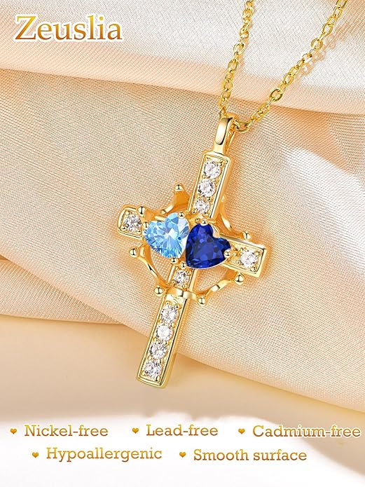 Zeuslia Double Birthstone Necklace Gifts for Wife - 925 Sterling Silver Sunflower/Rose/Crown Cross/Compass/Heart Pendant I Love You Necklace, Anniversary Birthday Gifts for Wife Girlfriend Mom Her