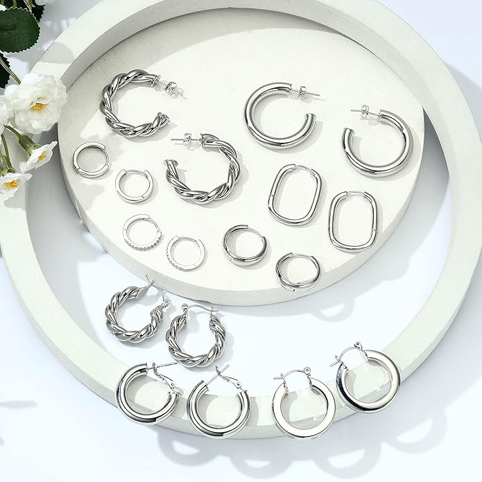 Yesteel 9 Pairs Gold Hoop Earrings for Women, 925 Sterling Silver Post 14K Real Gold Plated Chunky Hoop Earrings Set for Women Hypoallergenic Thick Lightweight Earring for Womens Jewelry Gifts