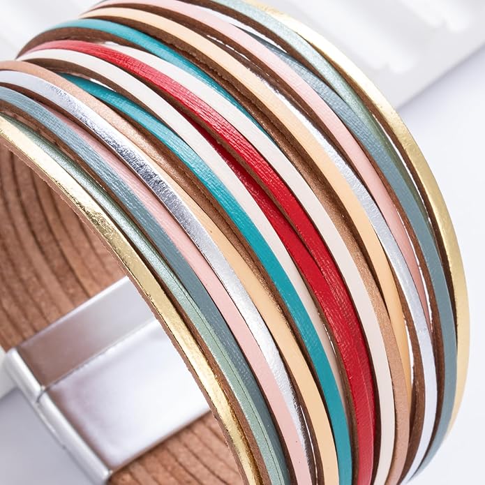 FANCY SHINY Boho Leather Wrap Bracelet Stackable Layered Bangle Cuff with Magnetic Clasp