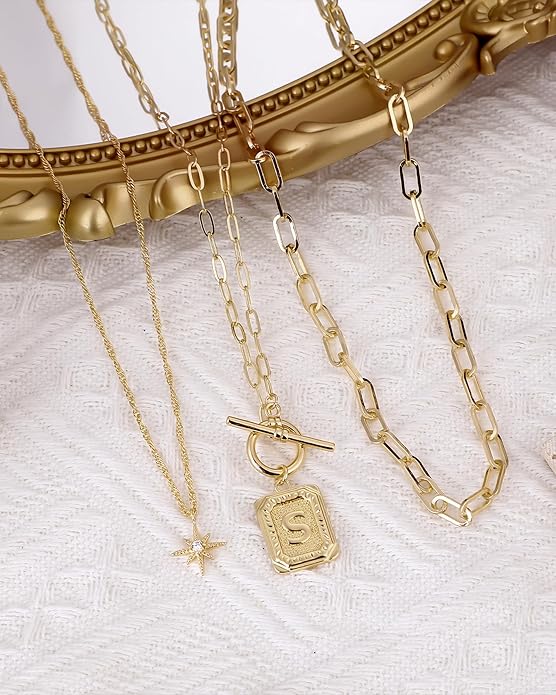 MJartoria Layered Initial Necklaces for Women Trendy, 14K Gold Plated Brass Simple Star Choker Square Letter Pendant Necklace, Paperclip Chain Necklaces Jewelry Gifts